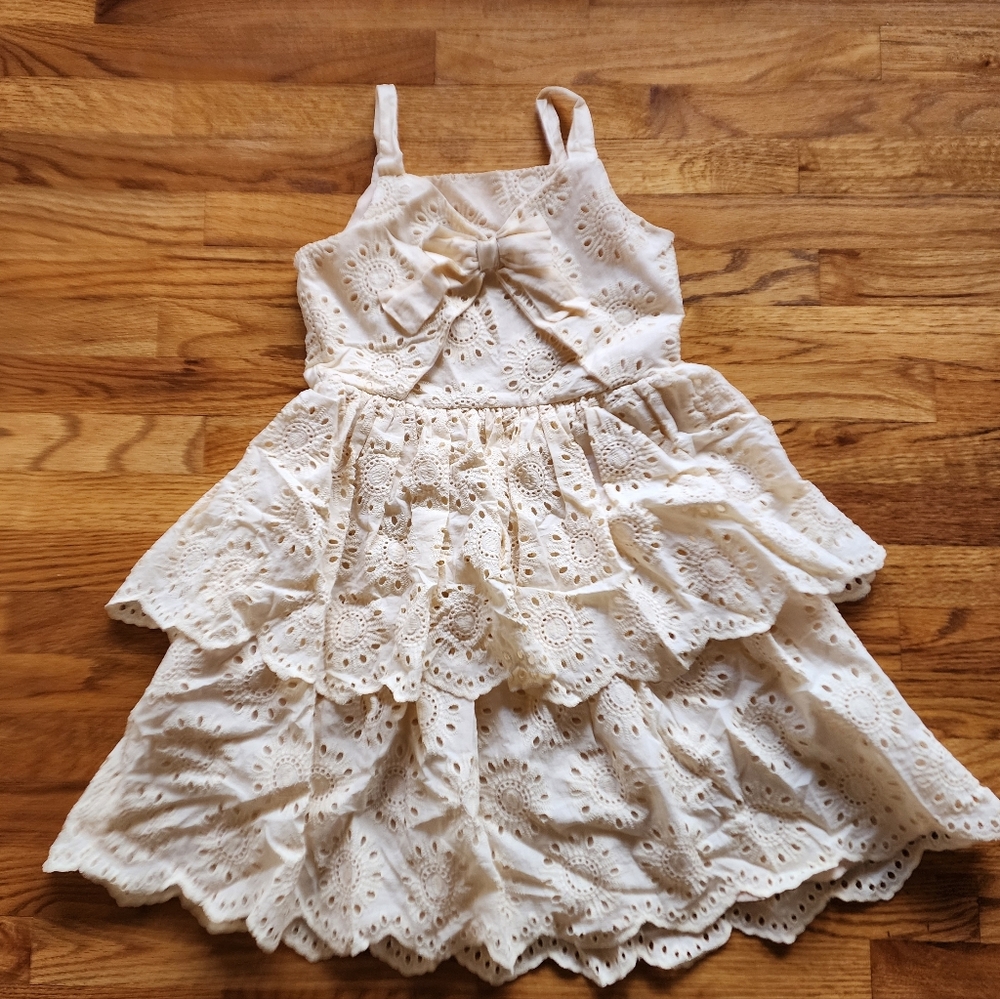 Blueberi Boulevard Tiered Ruffle Cream Eyelet Kids Dress